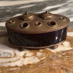 Antique midnight blue ceramic and brass base and top double ink well. Classic